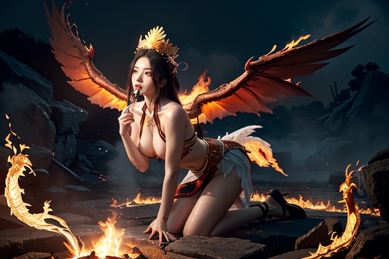 Flames Shaped Like Dragon Claws, Embers Rising Around Her Thighs, Dramatic Pose Porno asiático IA