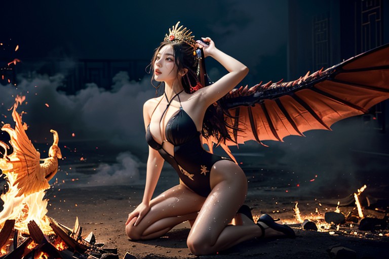 Faire La Fête, Wearing A Phoenix Crown, Ultra Detailed Porno IA Asiatique