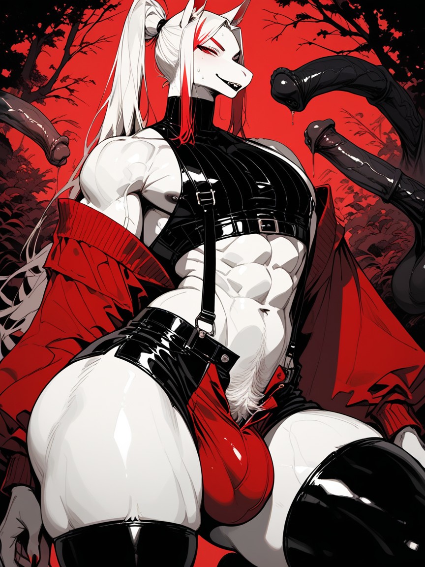All White Hair, Wrist Bands, Turning Front View Furry AI Porn