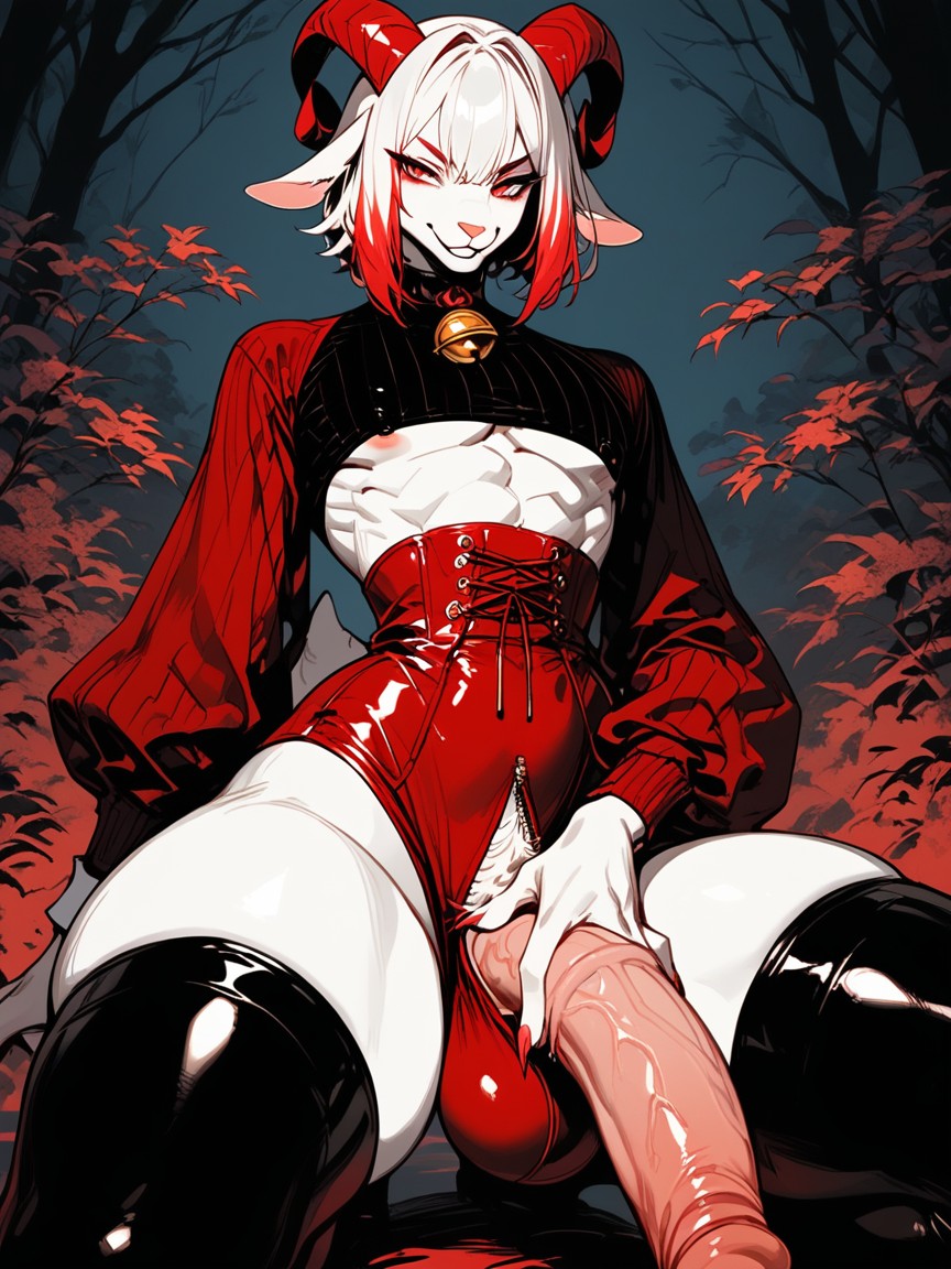 Red Striped Black Thigh High Socks, Gay, Crimson Red Highlights Furry AI Porn