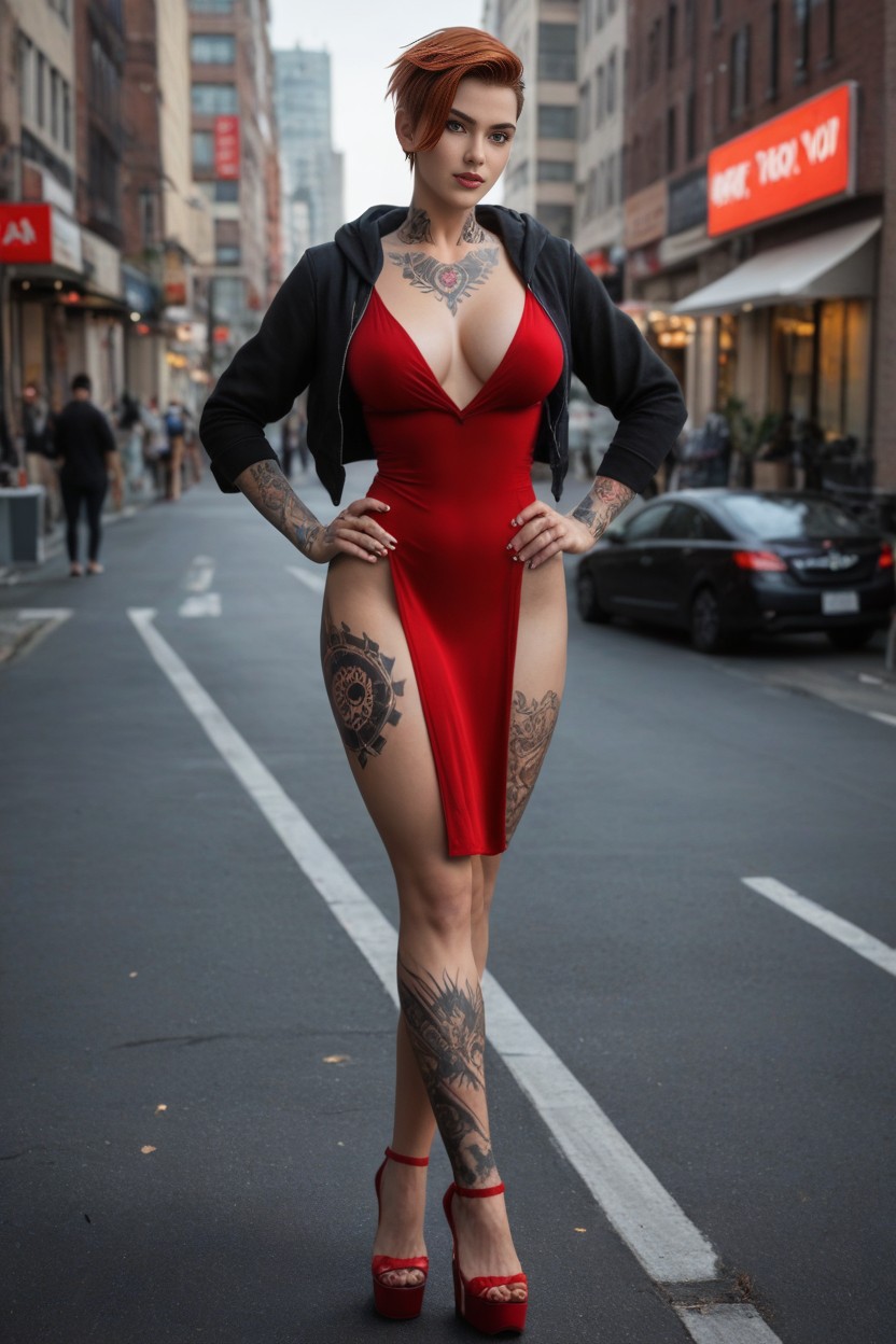 Standing, Sidewalk, Dragon Tattoos AI Porn