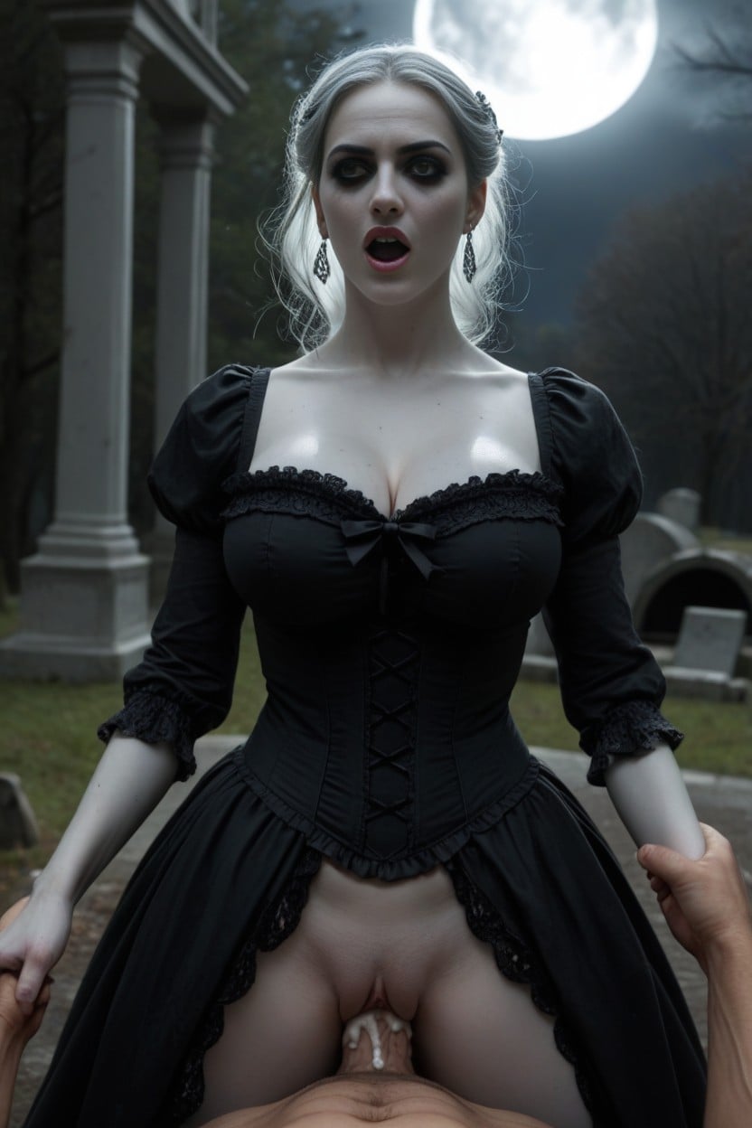 Standing, Wearing A Weathered Long Square Neck Early S Victorian Era Costume Dress, Night AI Porn