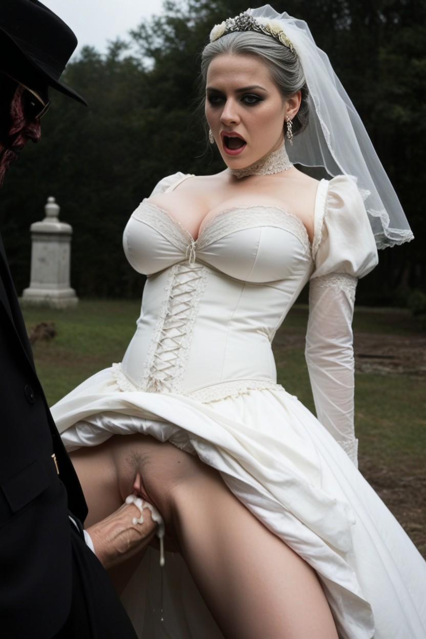 Powerful Vaginal Penetration Through Her Dress, Fully Clothed Sex Standing Up In A Misty Haunted Outdoor Graveyard, Night AI Porn