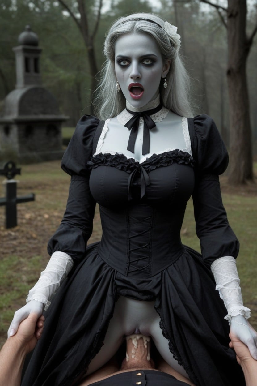Hands Pinned Down, Wearing A Weathered Long Square Neck Early S Victorian Era Costume Dress, Standing AI Porn