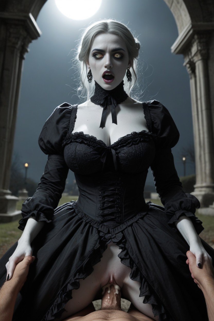 White Empty Zombie Sunken Eyes, Grey Pallid Skin Undead Zombie Traditional Victorian Ghost, Vaginal Fucked Hard AI Porn