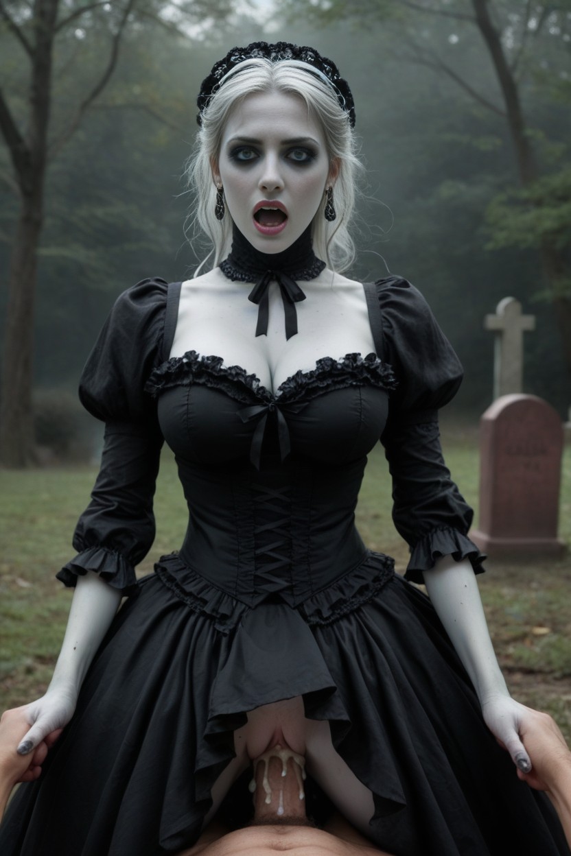 Fully Clothed Sex Standing Up In A Misty Haunted Outdoor Graveyard, Monster White Cock Only, Noir AI Porn