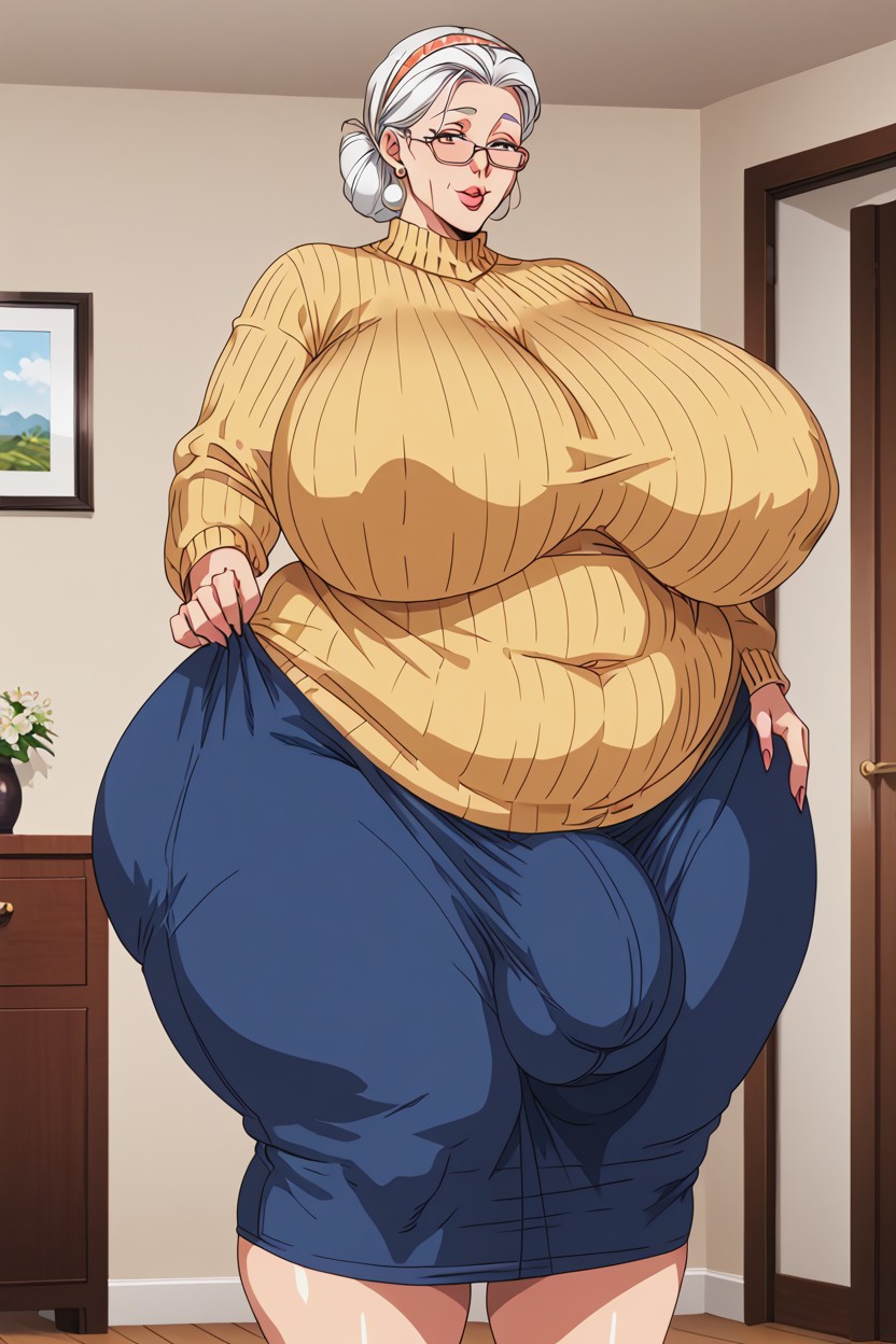 Sweater, Yellow Sweater Dress, White Hair AI Porn