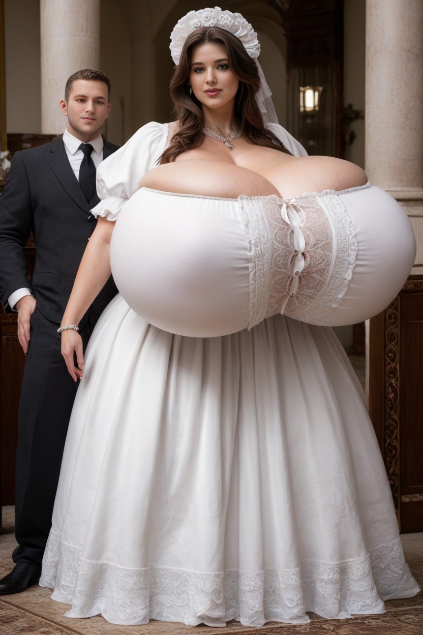 Heavy Jewelry, Hyper Breasts, Woman Standing Next To Man AI Porn