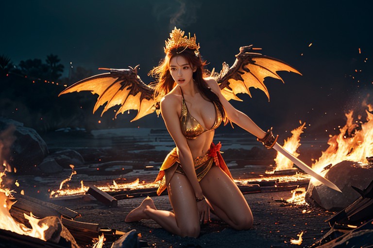Diadème, Flames Shaped Like Dragon Claws, Raising Sword In Air Porno IA Asiatique