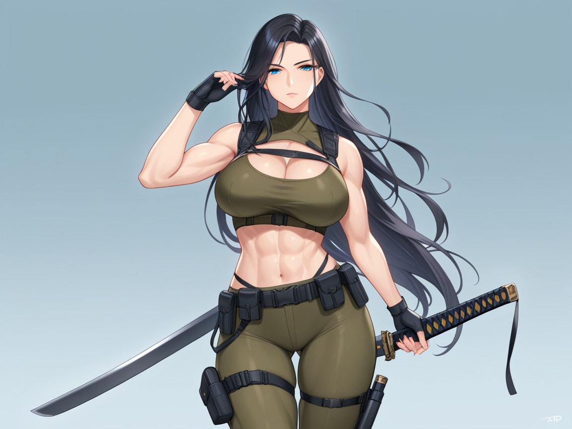 Machine Gun, Very Long Hair, Holding Gun Hentai AI Porn