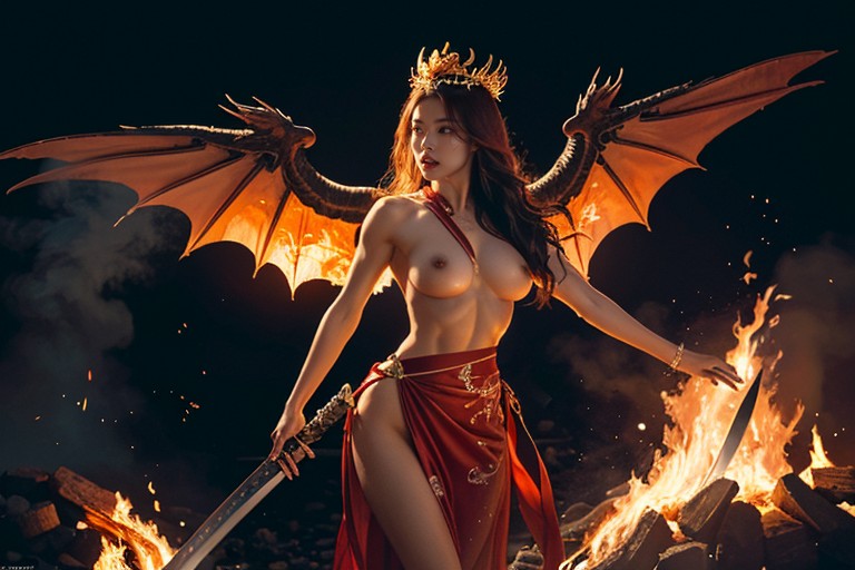 A Seductive Yet Powerful Chinese Fairy Warrior In A Misty Battlefield, Raising Sword Over Head, Dynamic Lighting Asian AI Porn
