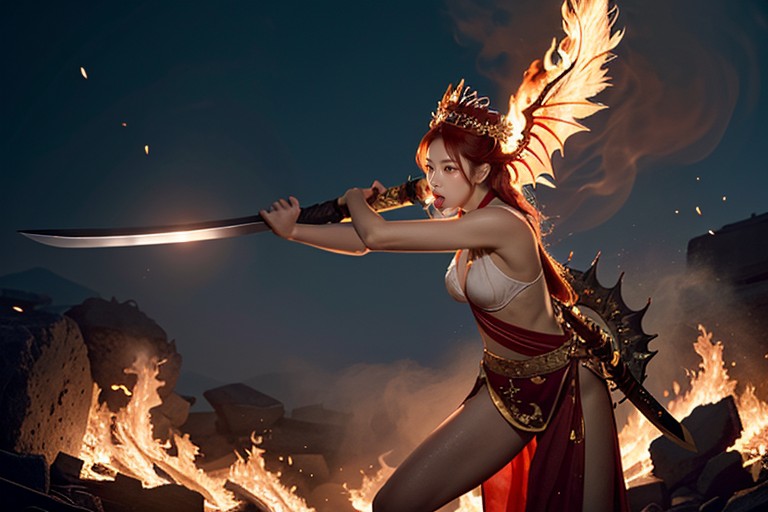 Raising Sword Over Head, Dynamic Lighting, Petite Poitrine Porno IA Asiatique