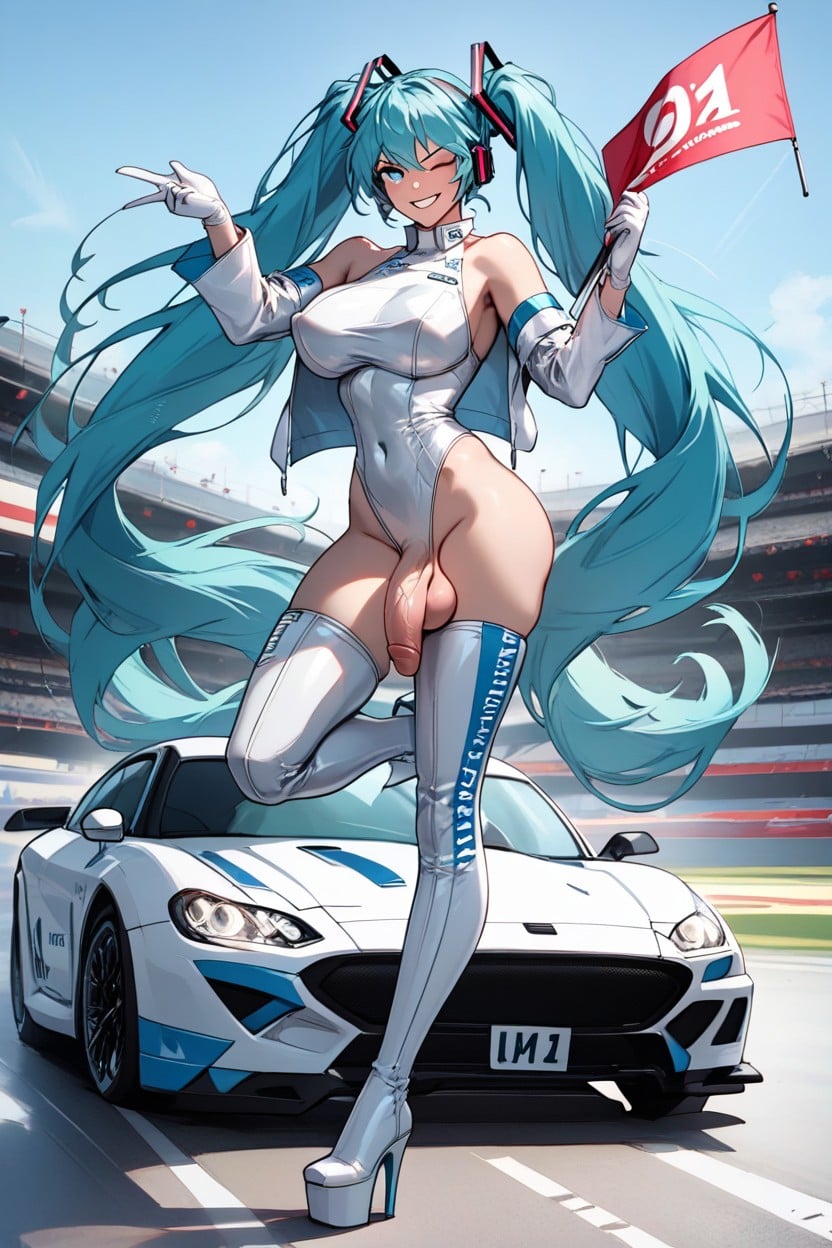 Light-blue Bangs Hair, Futanari, Hyper Long Twin Tails Shemale AI Porn