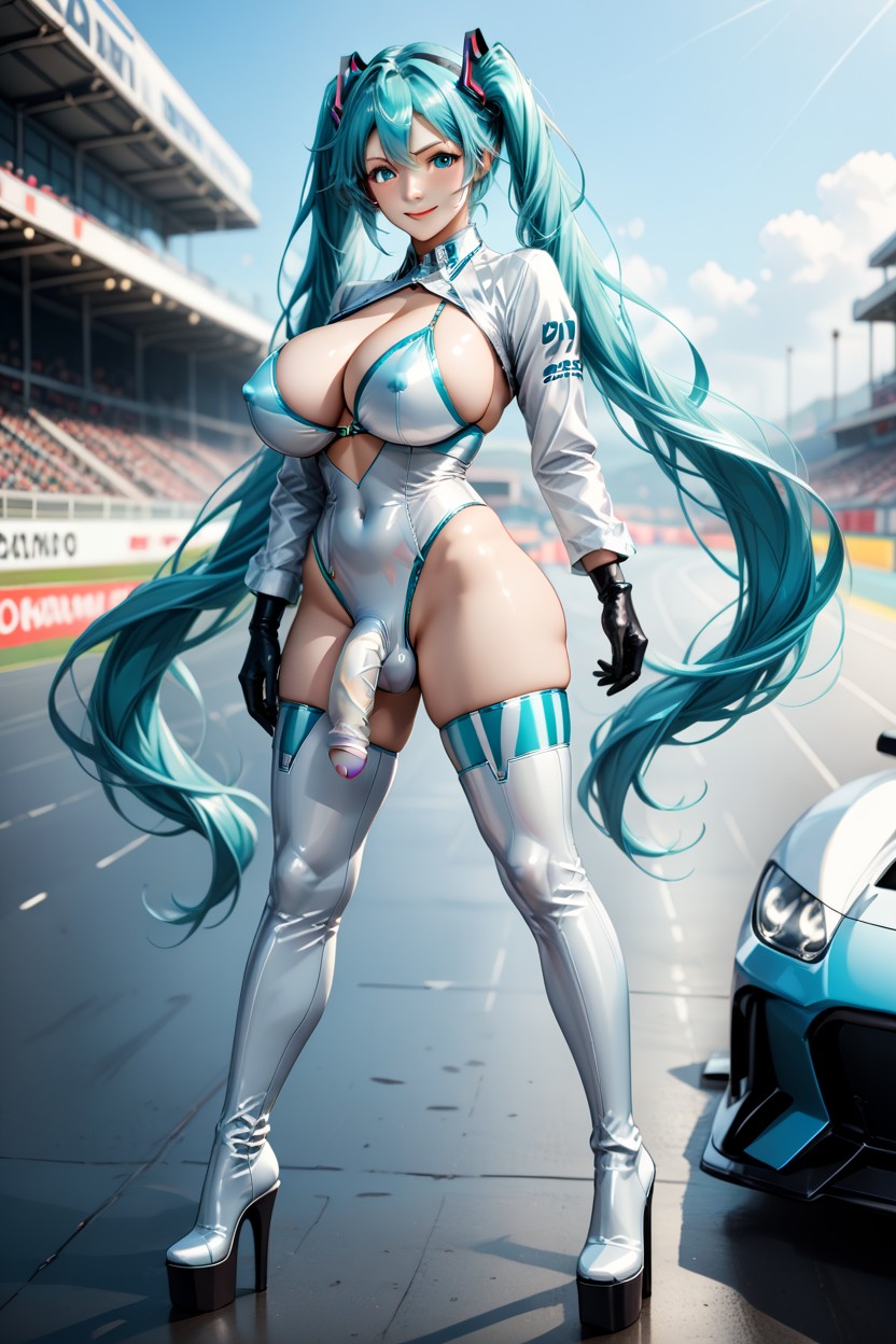 Pose In Pit Lane From Race Track, Side View, One Hand Holding Championship Cup Shemale AI Porn