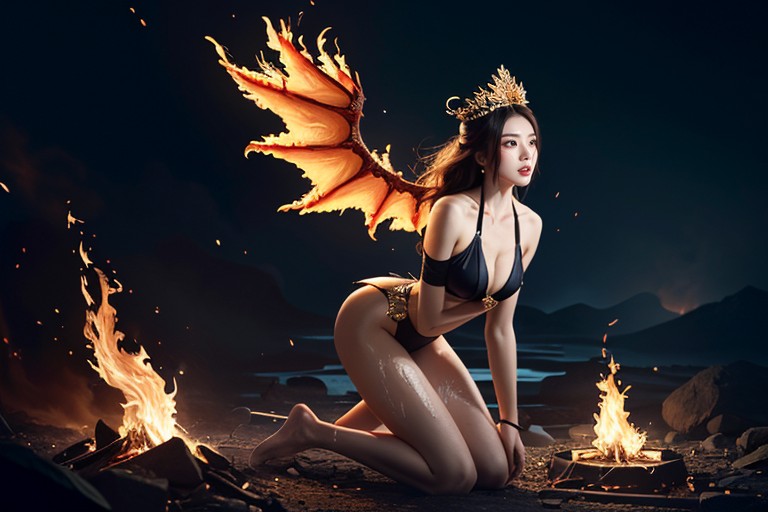 18+, A Massive Ethereal Dragon Silhouette Spiraling Behind Her, Her Hair Soaked And Flying Behind Her 아시아 AI 포르노