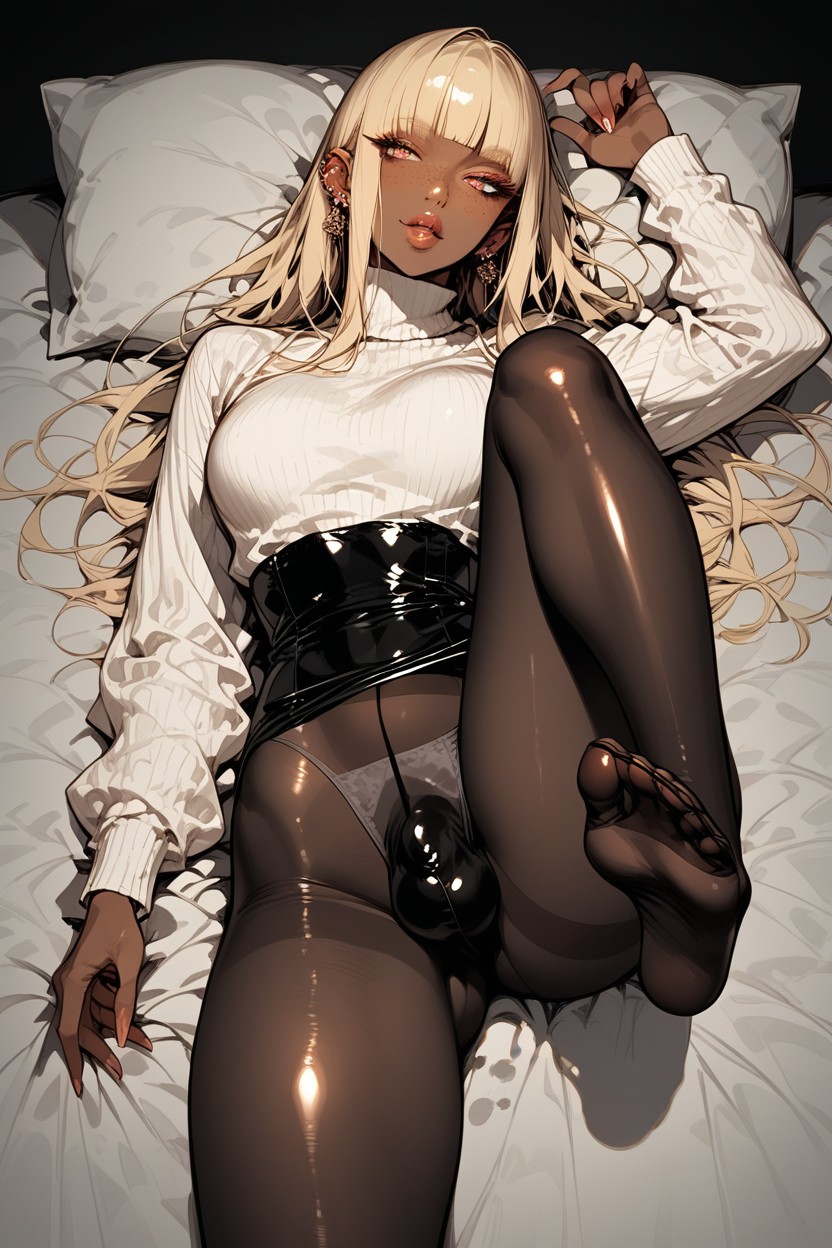 Flaccid Crotch Bulge, Black Oversized Sweater, Laying On Back Hentai AI Porn