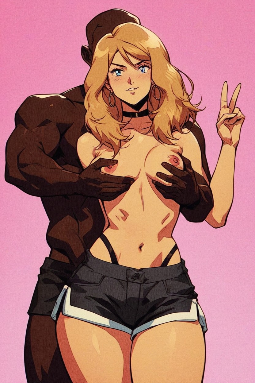 Her Ass Is Bulging In His Hands, Pink Gradient Background, Shes Looking Over Her Shoulder AI Porn