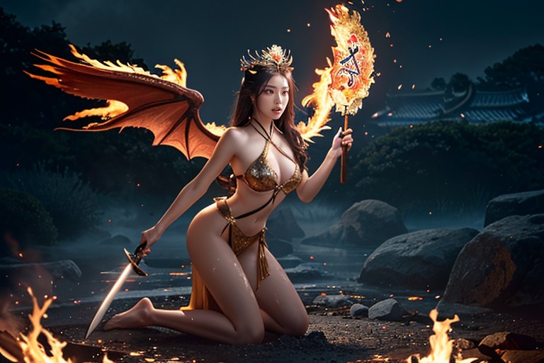 Embers Rising Around Her Thighs, Kneeling On One Leg, Dynamic Lighting Porno IA Asiatique