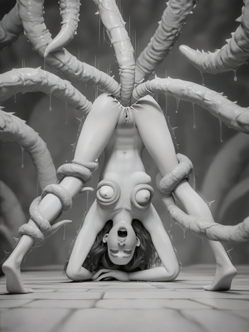 Tentacles Holding Her Up In The Air, Spell Circle On Ground, Perfect Face Details Hentai AI Porn