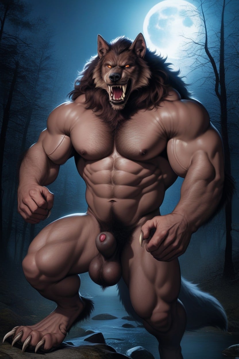 Broad Shoulders, The Werewolf Is Squeezing His Furry Sheath And Balls With His Hand, 特寫照片 AI同性戀黃片