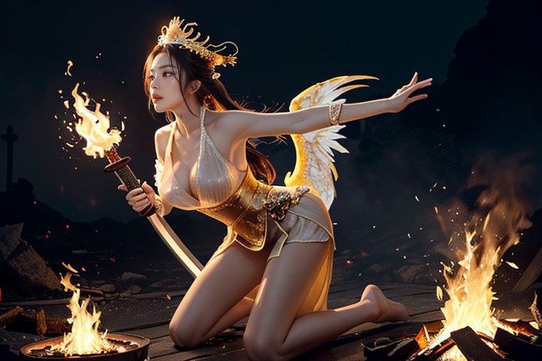 Golden Ornaments Glowing On Her Wrists And Ankles, Wearing A Phoenix Crown, Kneeling On One Leg Porno IA Asiatique