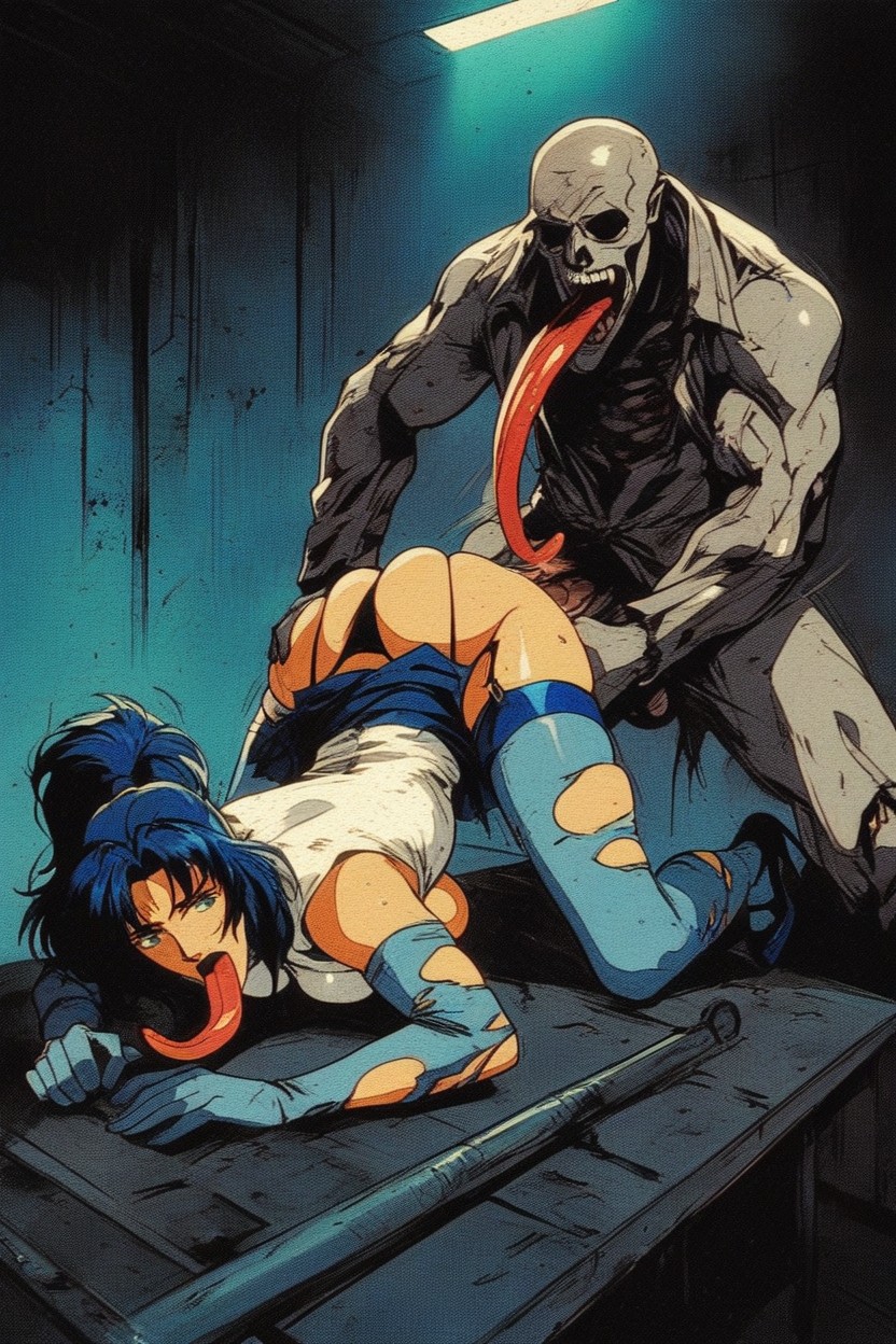 Navy Blue Hair With Ponytail, 20+, On Steel Table AI Porn