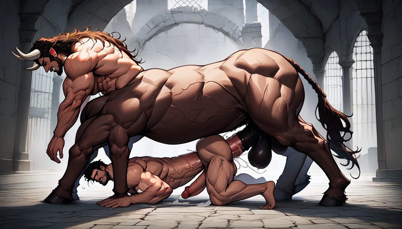 Gigantic Equicock, Ass Up Face Dow, Male Human Lay On Stonefloor AI Gay Porn