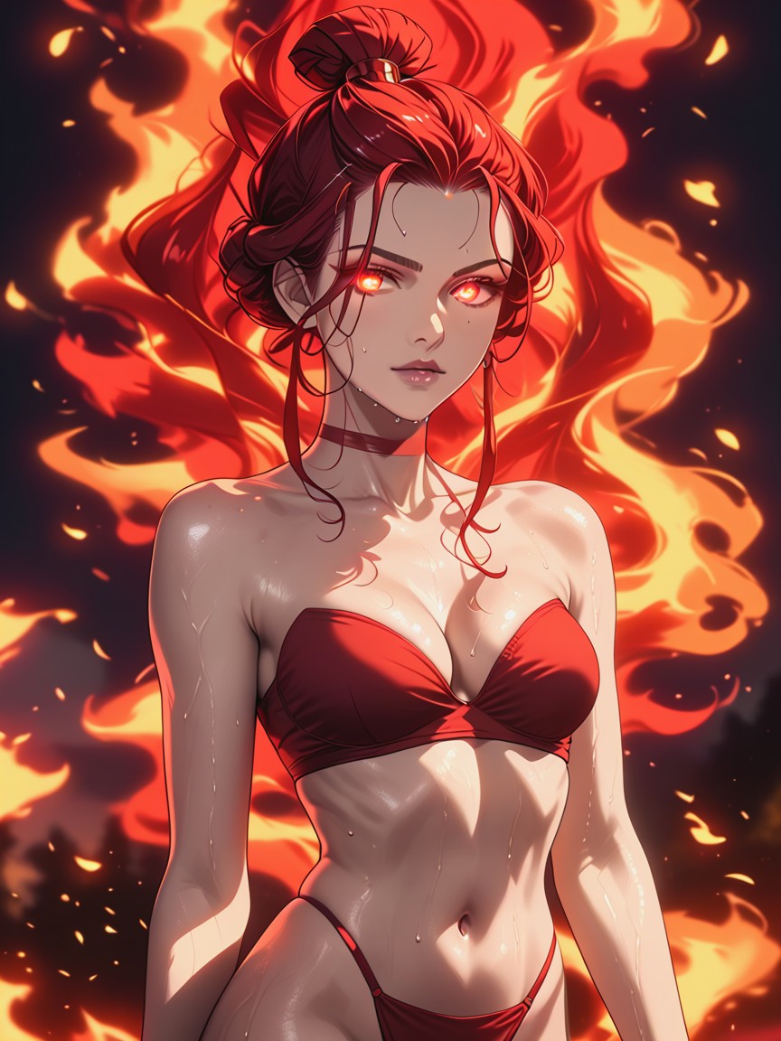 Flames Radiating Heat, Glowing Eyes, Blurred Background Hentai AI Porn