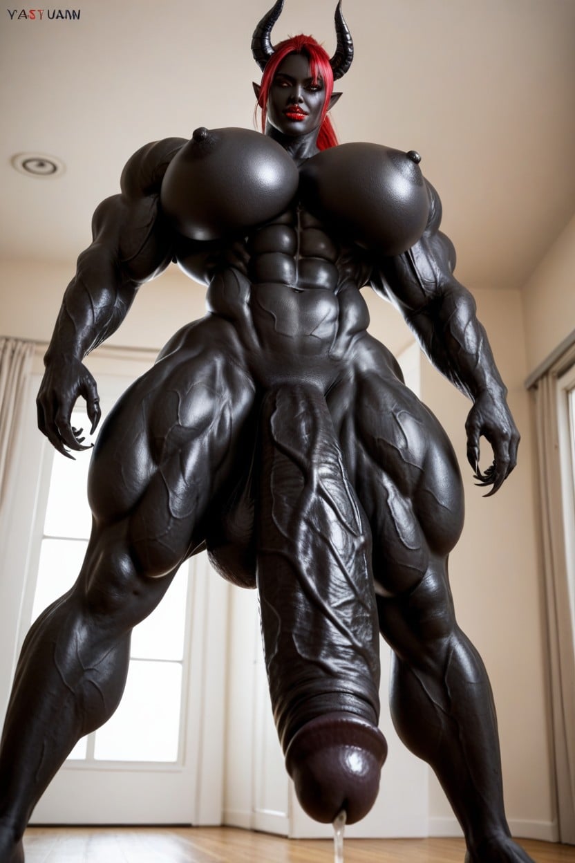 Bottom Up, Full Body View, Hyper Black Balls Shemale AI Porn
