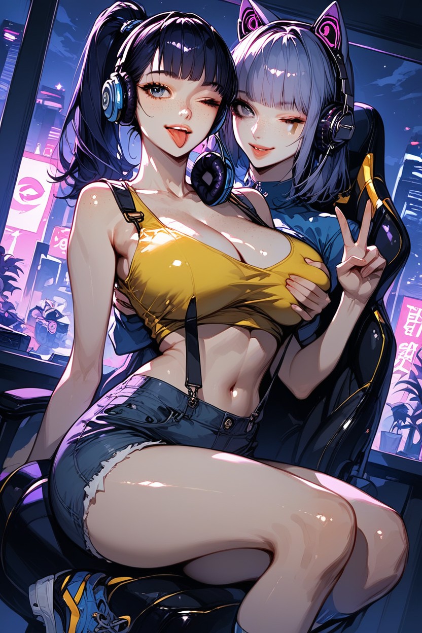 Navel Exposed, One Hand Peace Sign, Dutch Angle Hentai AI Porn