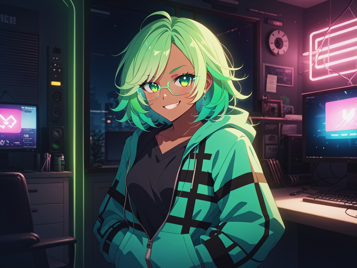 Intérieur, Glowing Pastel Green Visor Glasses, Squared Shoulders Porno IA Latina