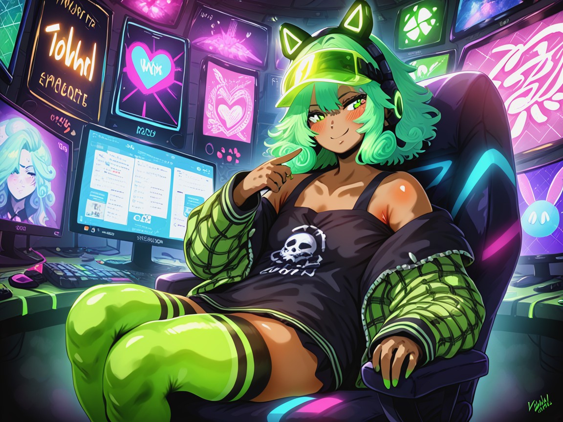 Led Green Lights In Background, High Blush, Large Eyes AI Porn