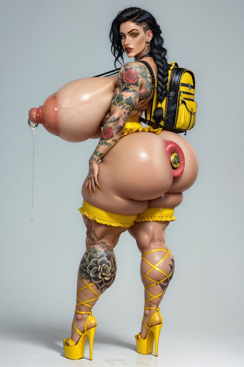 Hyper Huge Anal Plug, Backpack, Hyper Tattooed Legs Shemale AI Porn