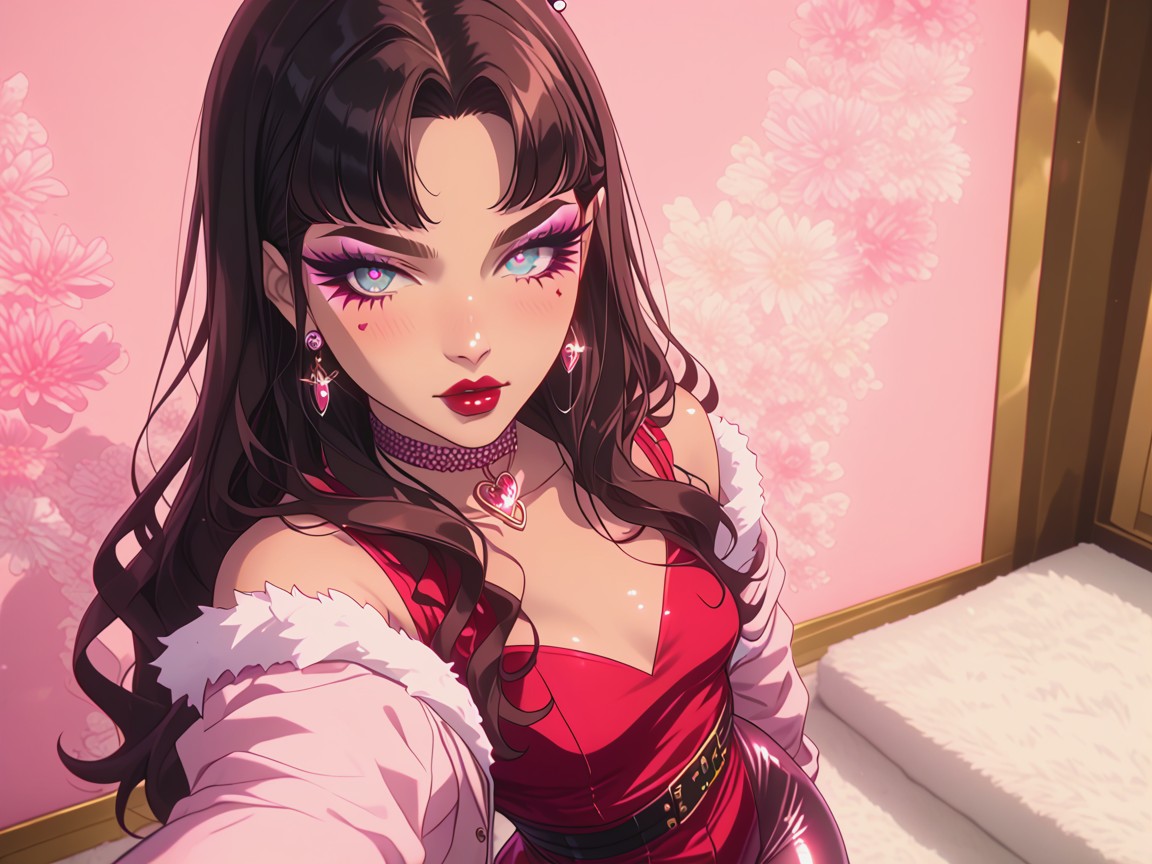 Wearing Pastel Pink Layered Emo Clothes With White Fur Trim, Long Gluteal Folds, Luxe Pastelcore Aesthetic Hentai AI Porn