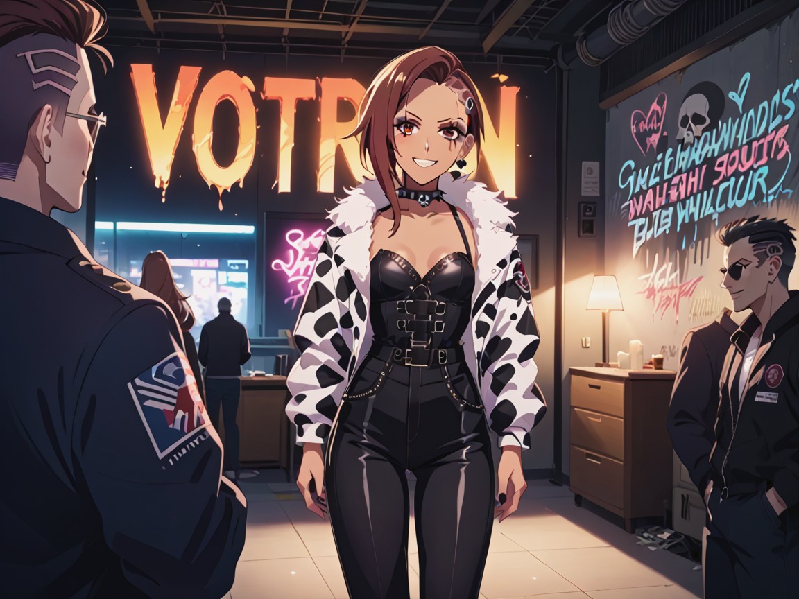 Indoors, Wearing Leopard Print Layered Emo Clothes, Spooky Background Latina AI Porn