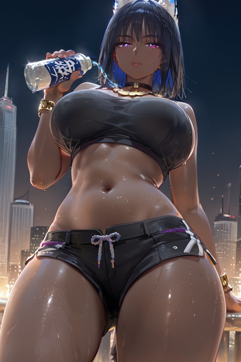 Drinking Water, Front View, Dark Blue Hair Hentai AI Porn