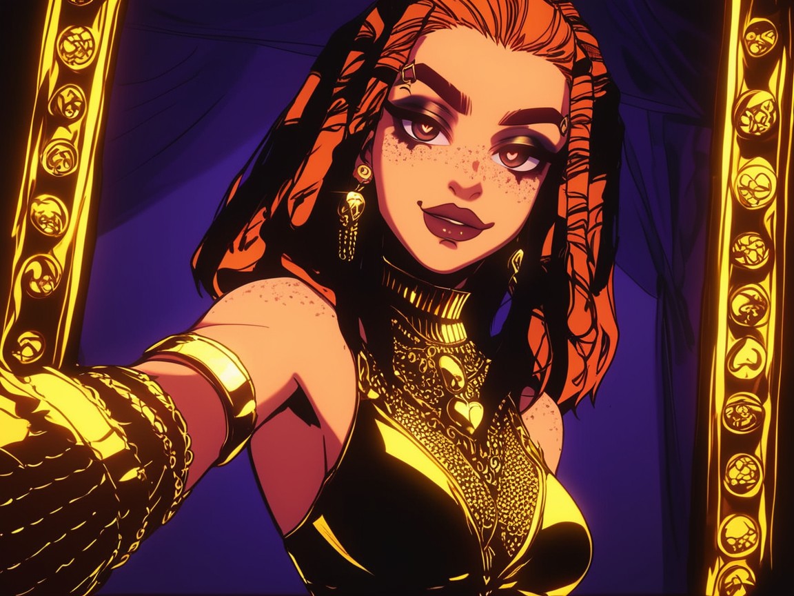 Boho Goth Aesthetic, Wearing Gold Layered Emo Clothes, Light Tan Skin Hentai AI Porn