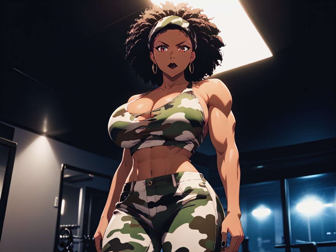 Long Breast Width, Wearing Camouflage Layered Emo Clothes, Neón Porno latina IA