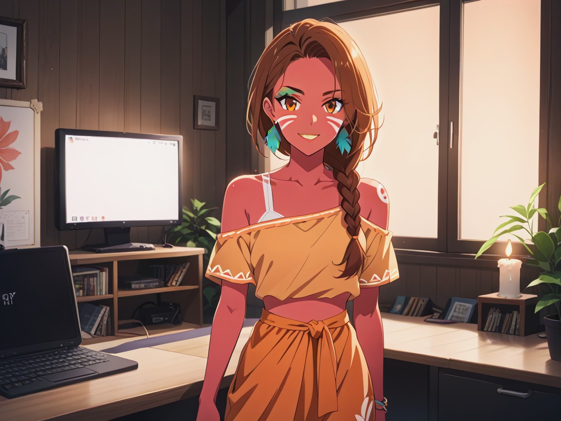Computer Monitors In Background, Orange Sarong, Snatched Waist Latina KI Porno