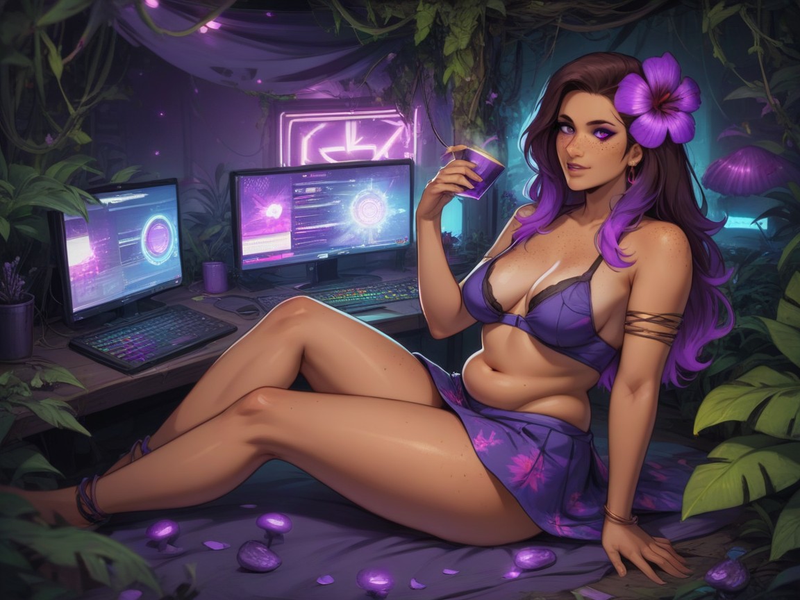 High Color Contrast, Neon Purple Fog, Neon Purple Flora In Background Porno IA latina