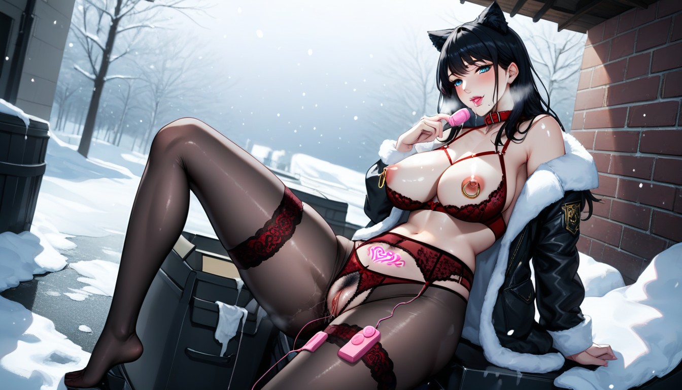 Very Hairy And Bushy Pussy, Garbage On The Street, Red Lace Gater Belt And Transparent Lace Tights Hentai AI Porn