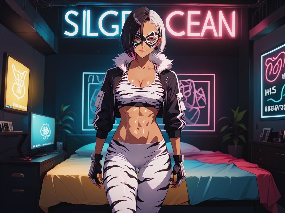 Bobcut, White Tiger Print Hooded Cropped Jacket, White Tiger Print Leggings Latina AI Porn