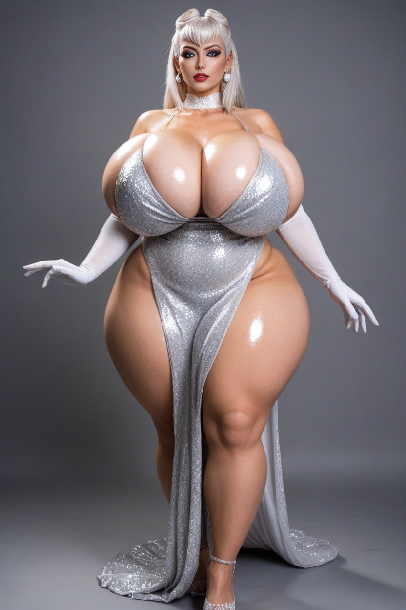 Hyper Gigantic Curved Wide Hips, Sequin Dress, Deepest Cleavage Possible On Her Long Wedding Sequin Dress AI Porn