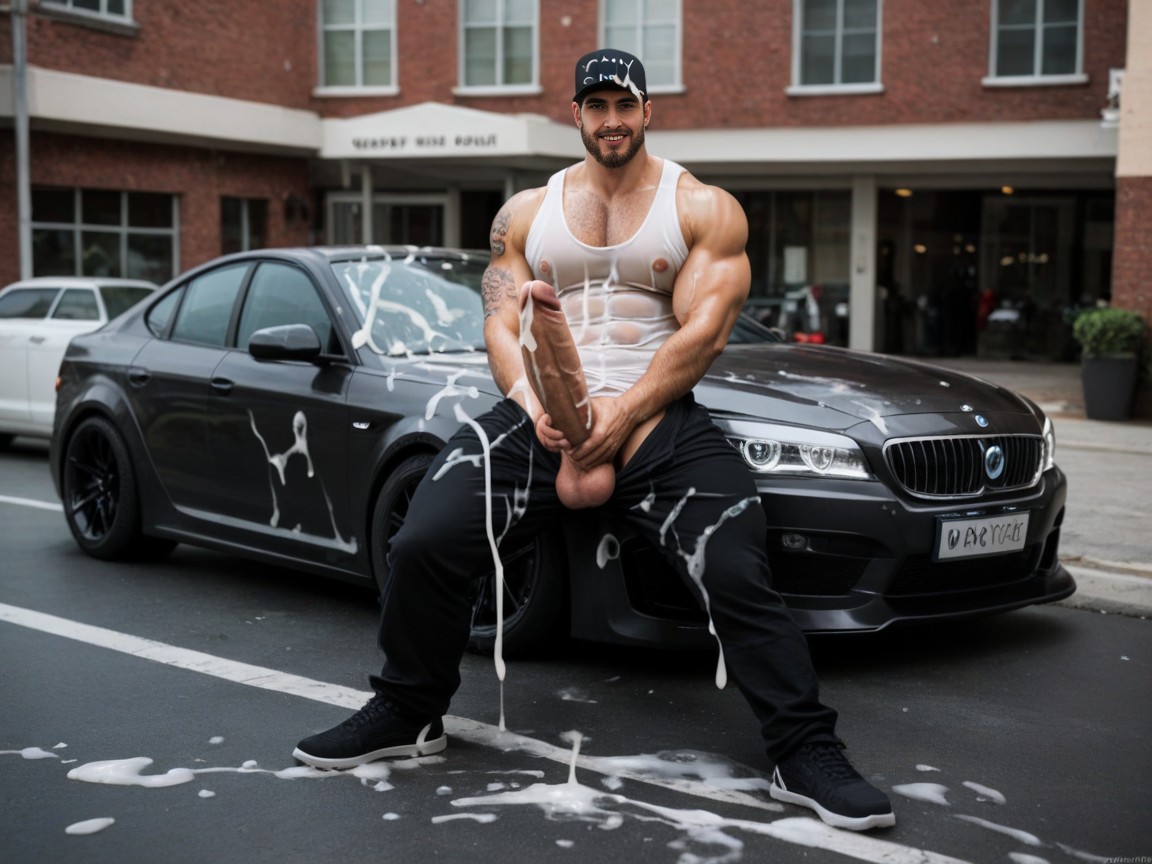 Hand Holding Penis, Nipples Showing Out Of Tank Top, Hairy Chest AI Gay Porn