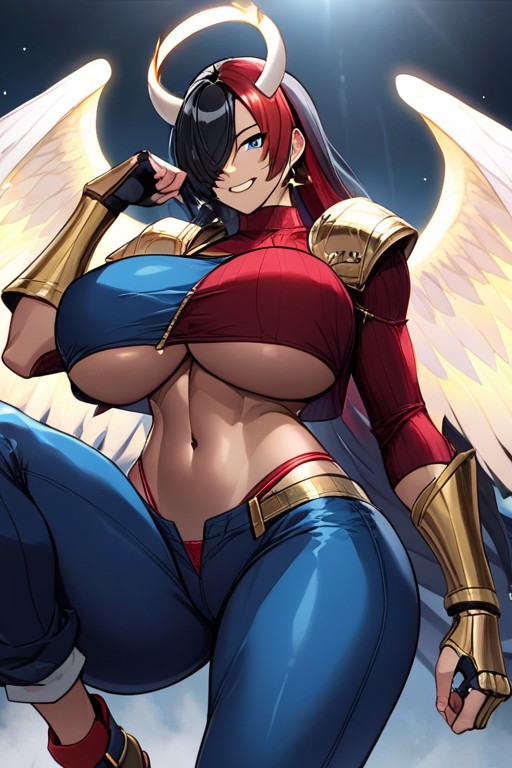 Huge Horns, Dark Blue Loose Pants With Fiery Design, Absurdly Gigantic Breasts Hentai AI Porn
