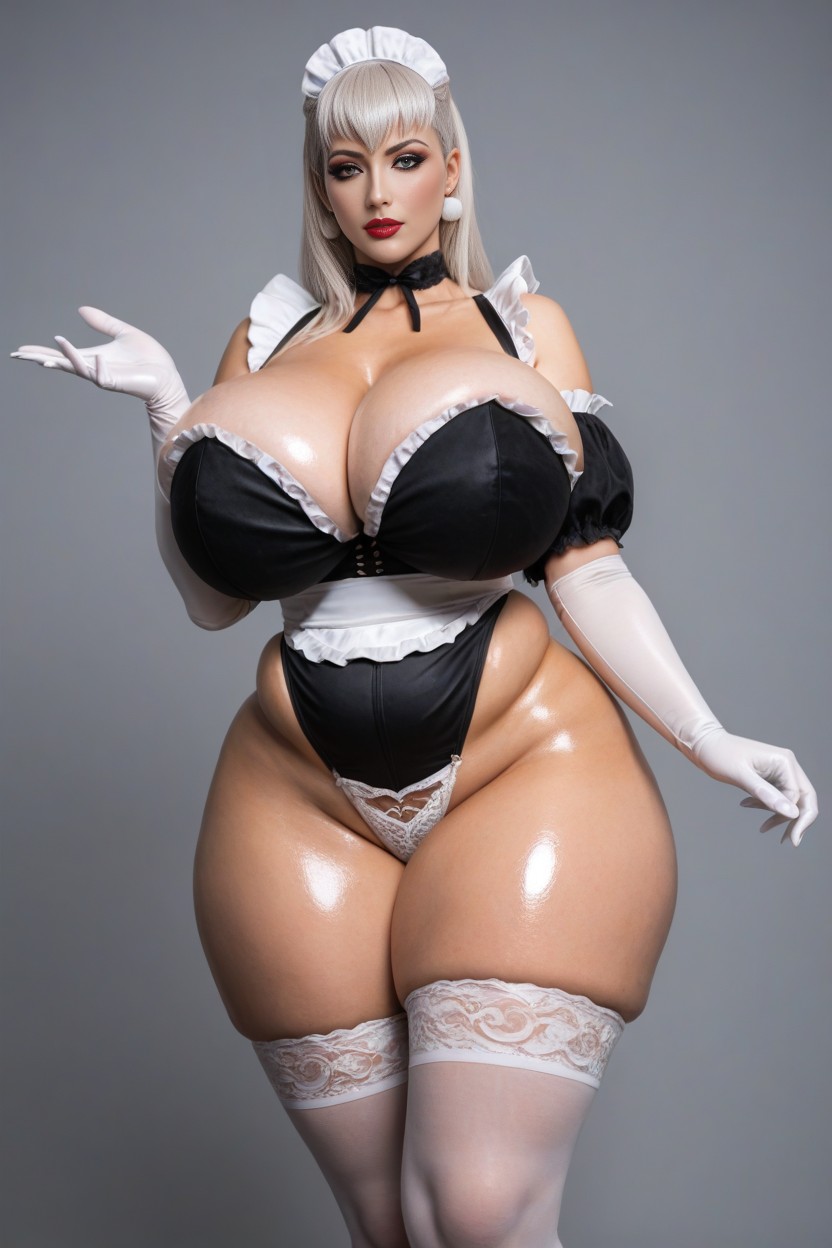 Nylon Stockings, Hyper Large Loose French Maid Cleavage, Thick Supermodel Body Type AI Porn