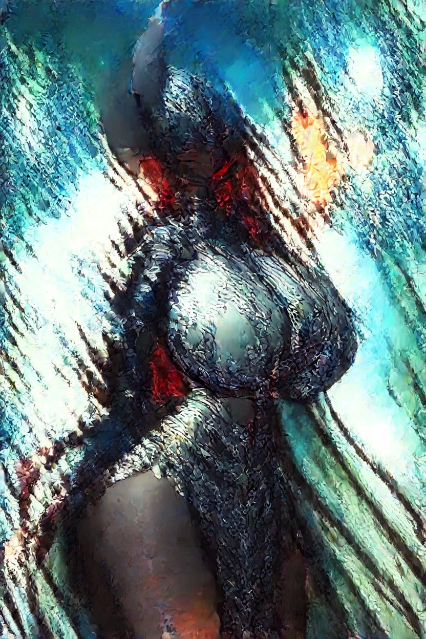 Fluffy Dark Red Hair On Neck, Hyper Breasts, Exposed Thighs AI Porn
