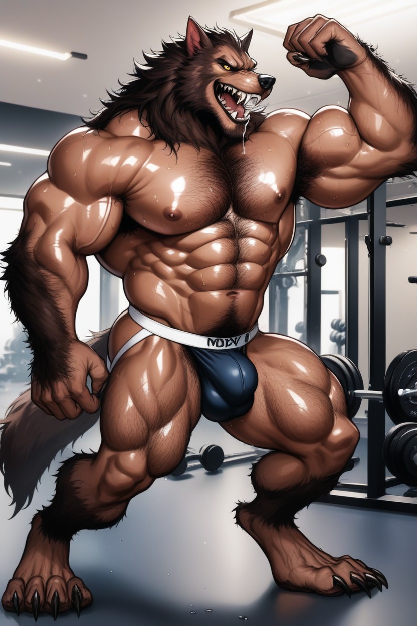Hairy Digitigrade Legs, Dynamic Pose, The Werewolf Has Massive Broad Shoulders AI Gay Porn