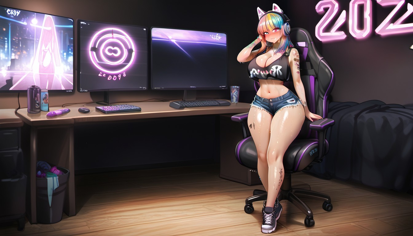 Loose Top, Headphones, Embarrassed Hentai AI Porn