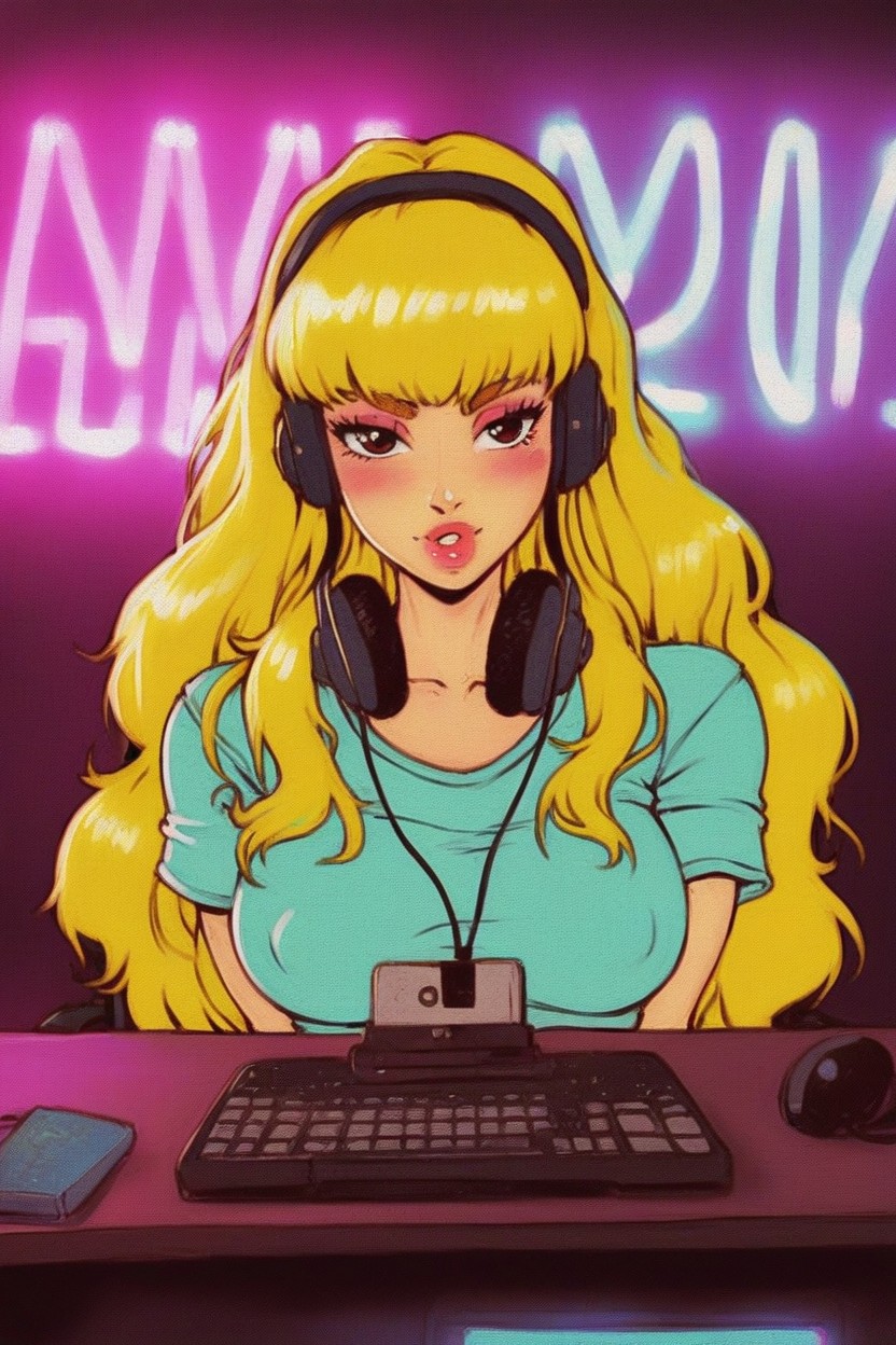 Playing Videogame On Pc, Neon Lights, Gaming Headset AI Porn
